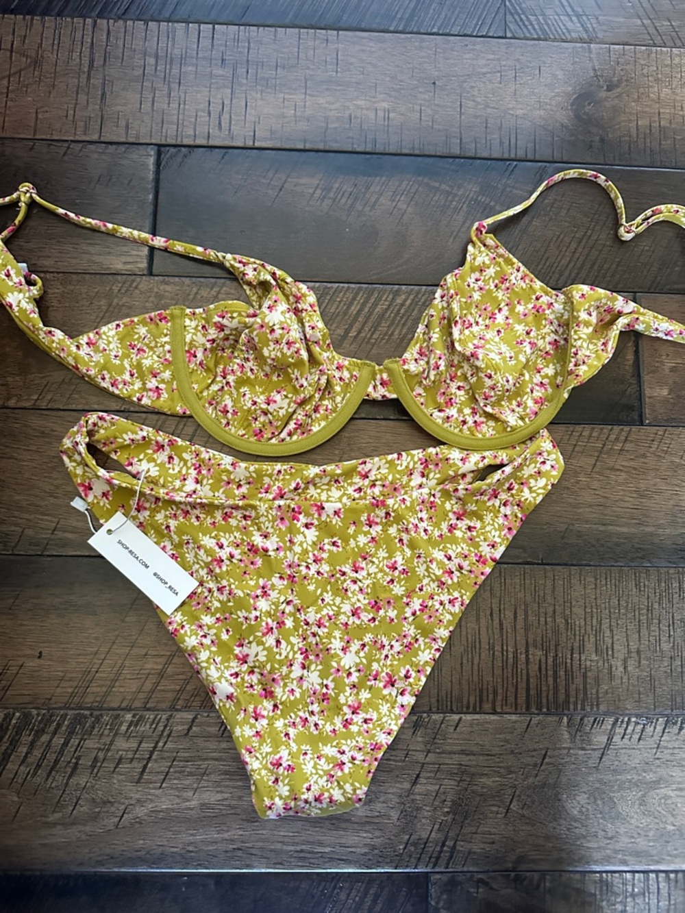 RESA Olive Green Floral Underwire Bikini Set with Pink & White Blossoms - Picture 2 of 2